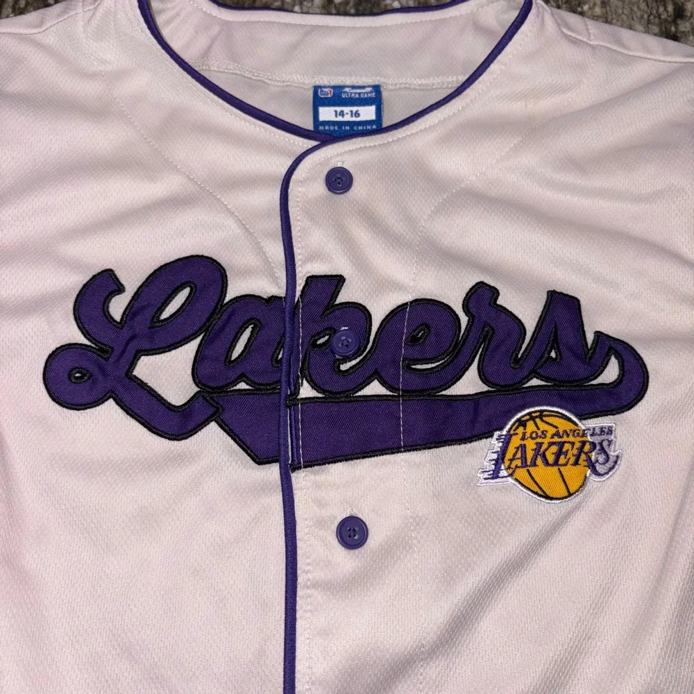 NBA Mesh Button Down Baseball Jersey Kids 14-16 Ultra Game Los Angeles Lakers